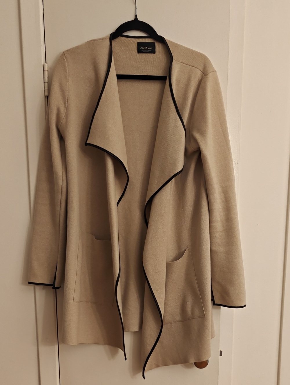 Zara Knit Long Open Cardigan - Beige with Black Trim